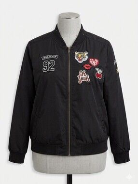 Torrid Black Bomber Jacket w/ Patch Embellishments Size 2 (18/20) Like New